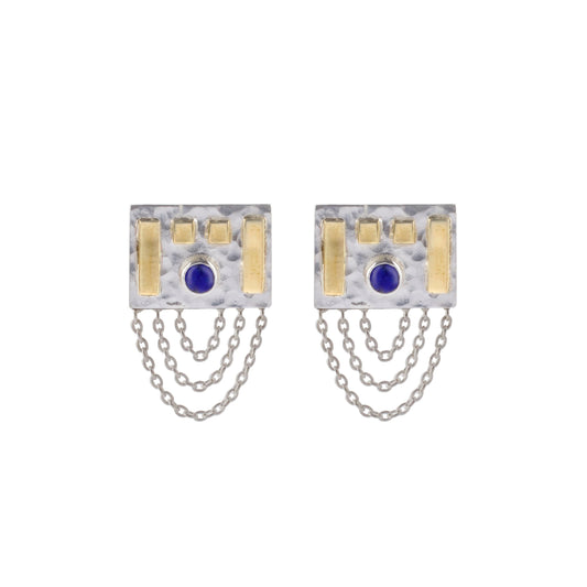 Zara earings w Lapiz, in Silver embossed with gold with hooped chain